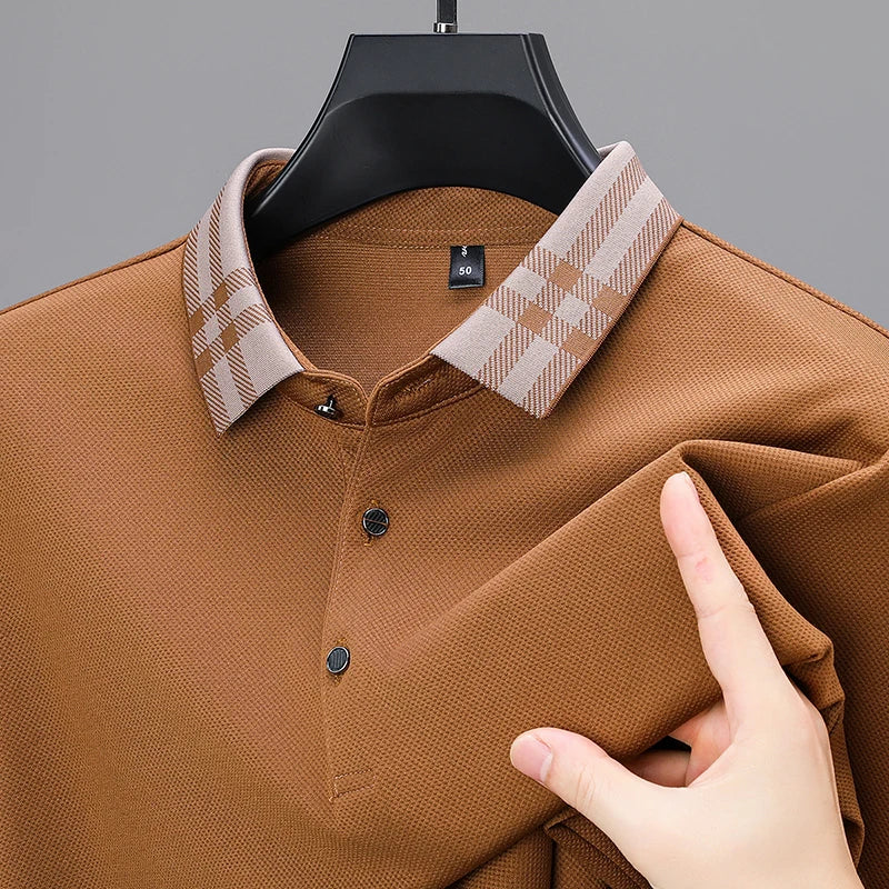 Woll Poloshirt Herren Kariertes Kragendetail Knopfleiste