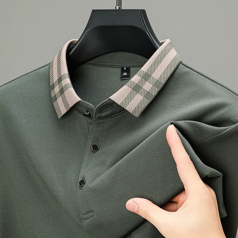 Woll Poloshirt Herren Kariertes Kragendetail Knopfleiste