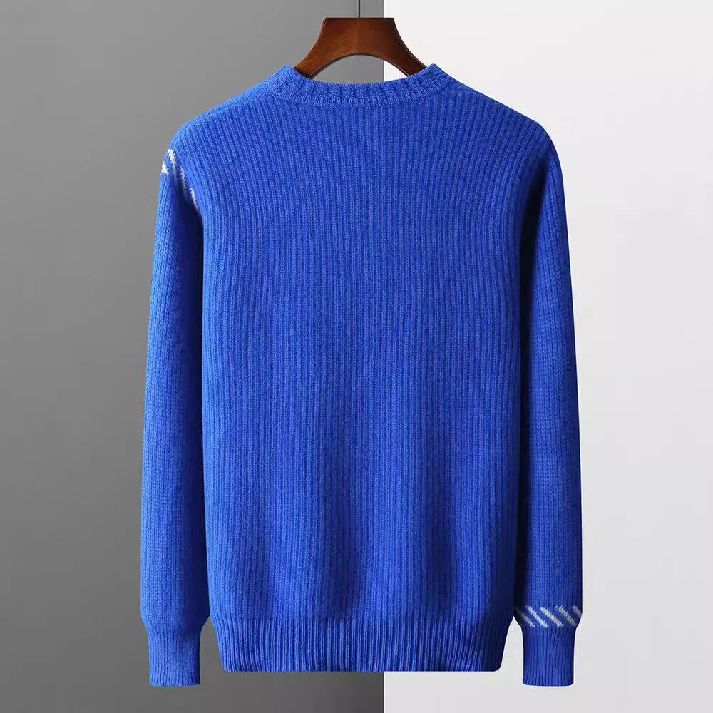 Rippstrick Pullover Herren Stickerei Kontraststreifen