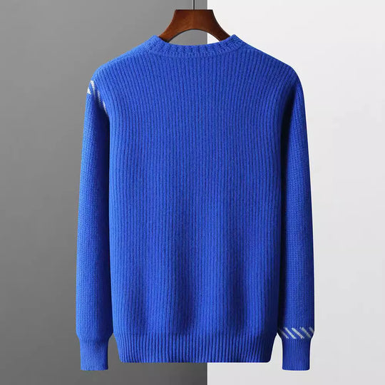 Rippstrick Pullover Herren Stickerei Kontraststreifen