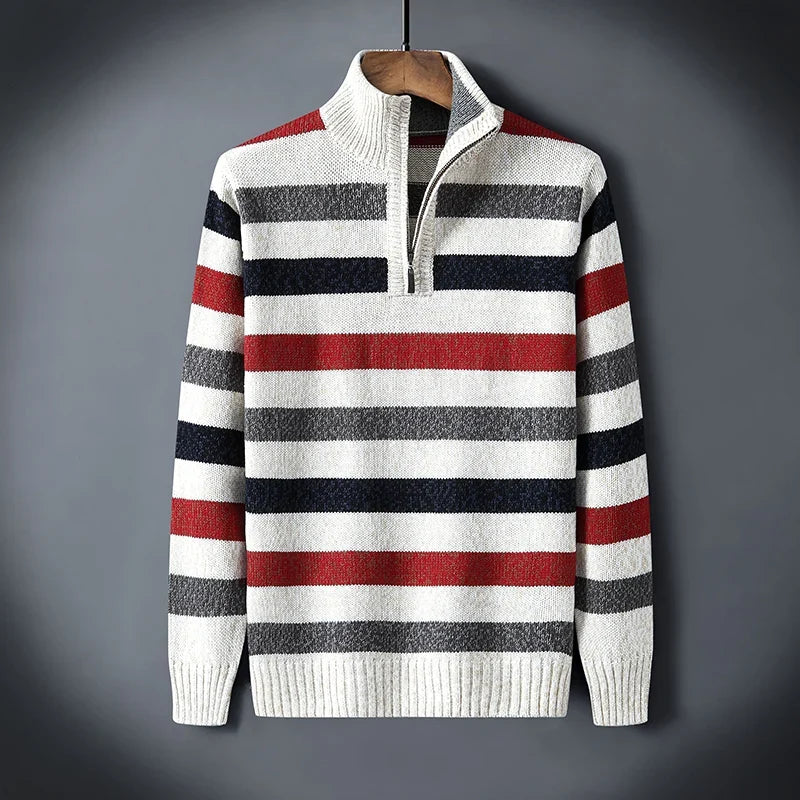 Gestreifter Woll Pullover Herren Hoher Kragen Halbzip