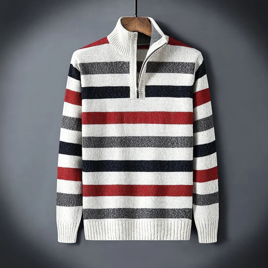 Gestreifter Woll Pullover Herren Hoher Kragen Halbzip