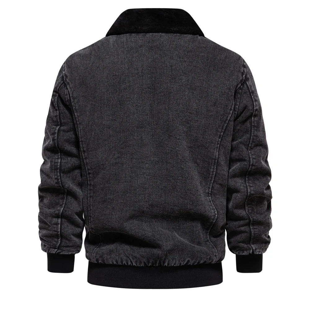 Denim Jacke Herren Fleecefutter Fellkragen Zip Warm