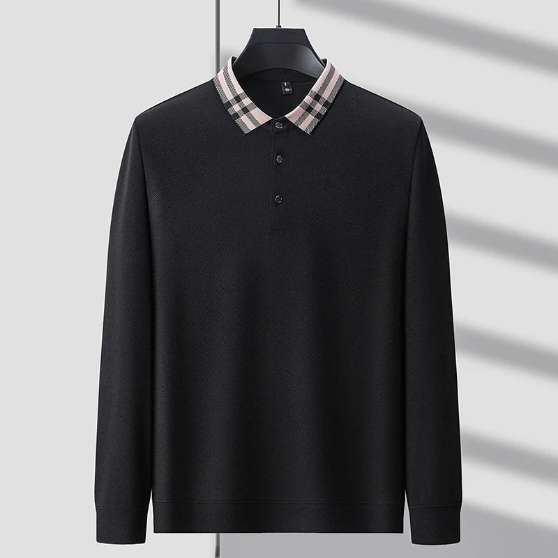 Woll Poloshirt Herren Kariertes Kragendetail Knopfleiste