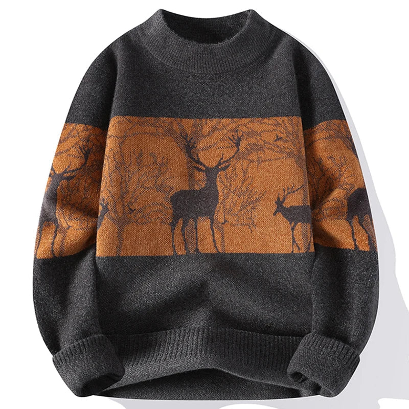 Winter Pullover Herren Hirschmotiv Rundhals Rippbund