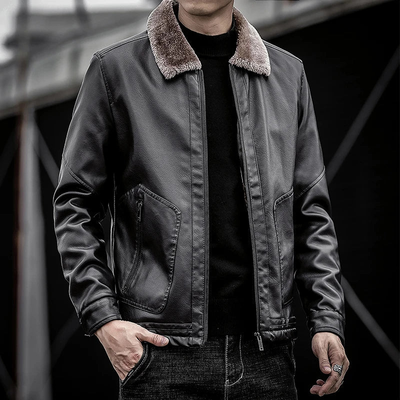 Leder Jacke Herren Fellkragen Zip Geknöpfte Bündchen
