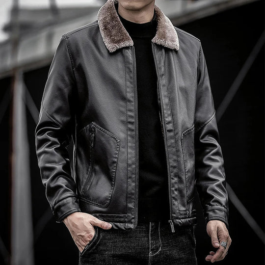 Leder Jacke Herren Fellkragen Zip Geknöpfte Bündchen