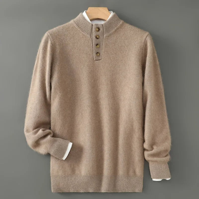 Gebürsteter Woll Pullover Herren Knopfleiste Rippbund
