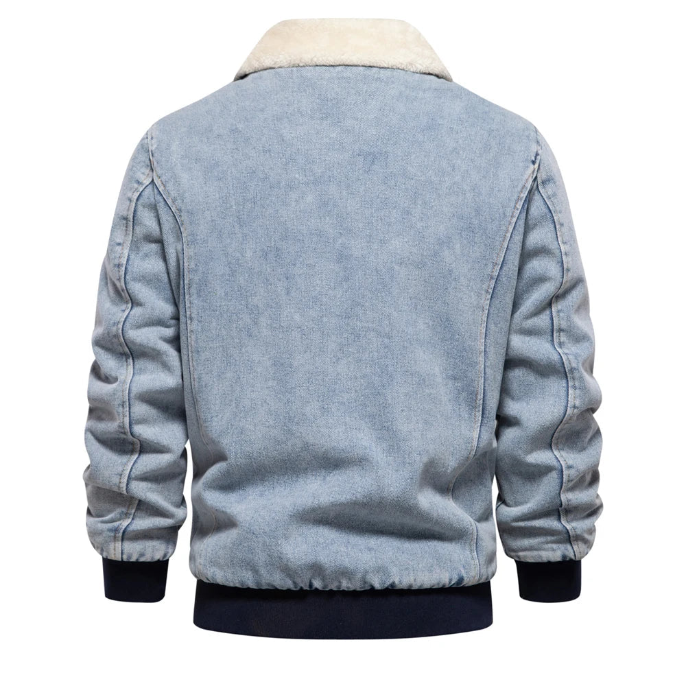 Denim Jacke Herren Fleecefutter Fellkragen Zip Warm
