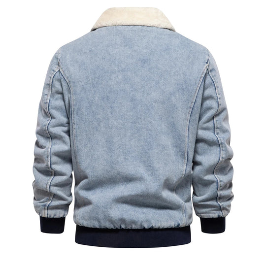 Denim Jacke Herren Fleecefutter Fellkragen Zip Warm