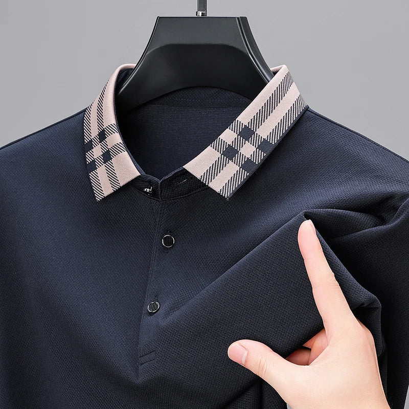 Woll Poloshirt Herren Kariertes Kragendetail Knopfleiste