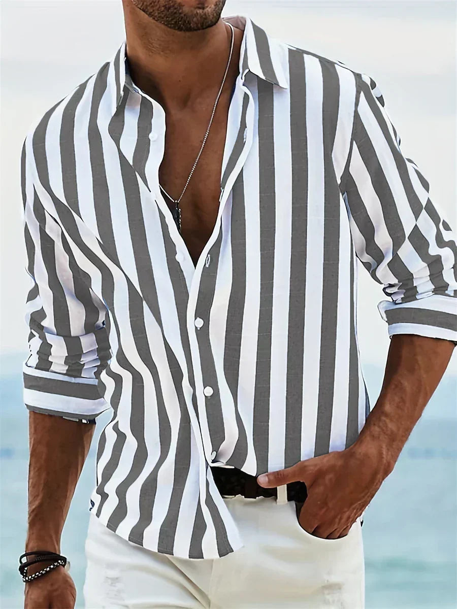 Herren Langarm-Streifenhemd mit Knopfleiste – Leichtes Sommer-Overshirt