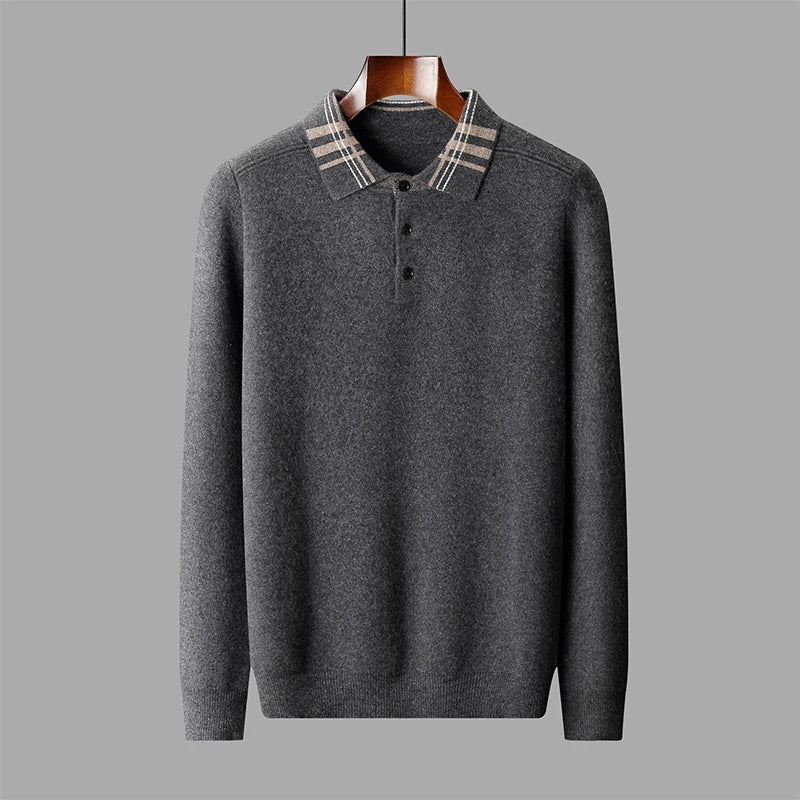 Woll Pullover Herren Gestreifter Kragen Knopfleiste