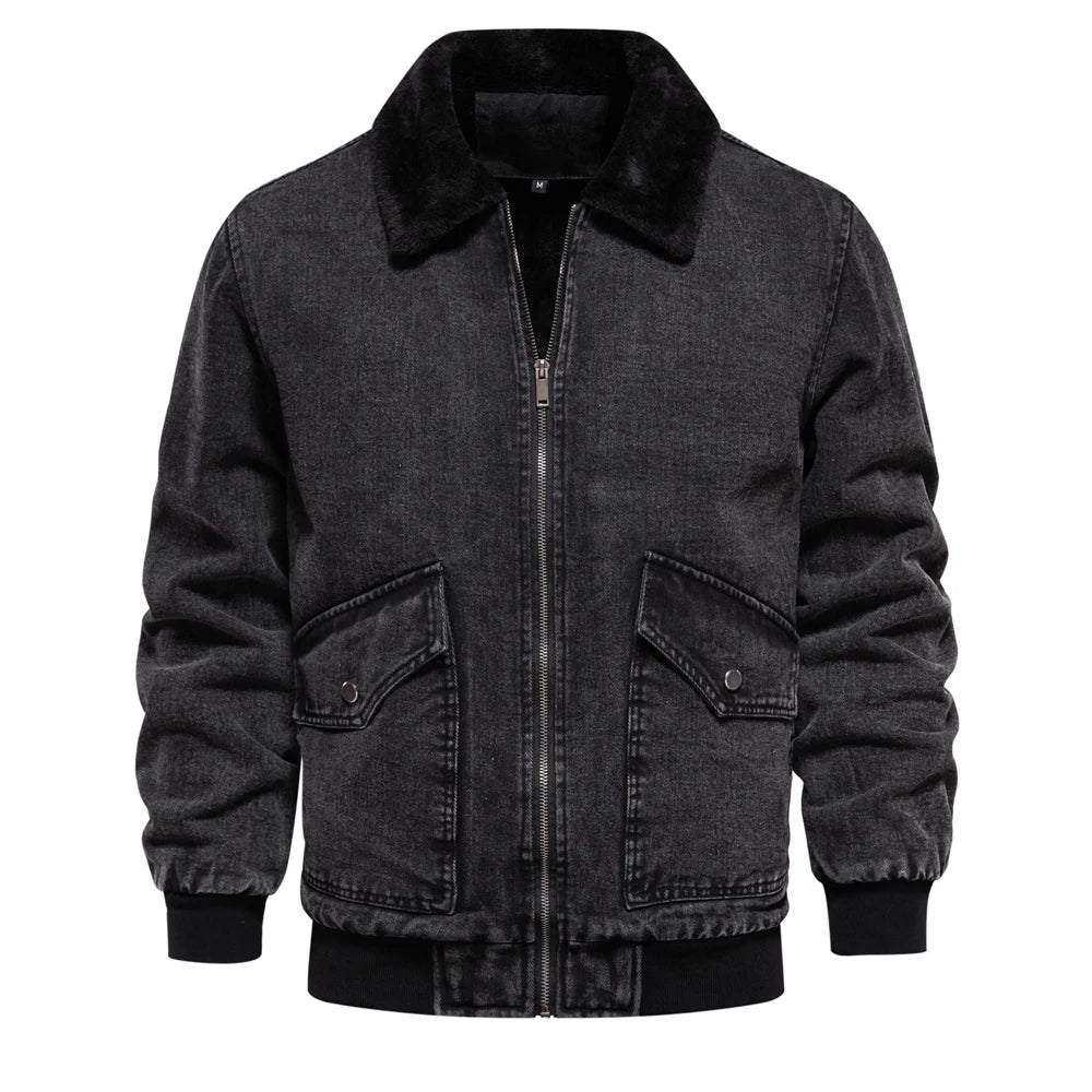Denim Jacke Herren Fleecefutter Fellkragen Zip Warm