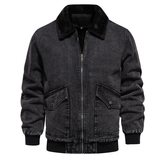 Denim Jacke Herren Fleecefutter Fellkragen Zip Warm