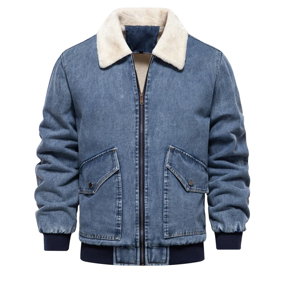 Denim Jacke Herren Fleecefutter Fellkragen Zip Warm
