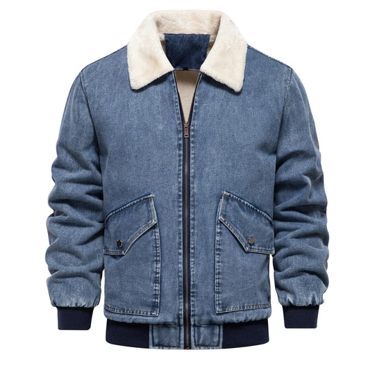 Denim Jacke Herren Fleecefutter Fellkragen Zip Warm