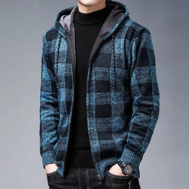 Karierter Zip Hoodie Herren Plüschfutter Kapuze Warm