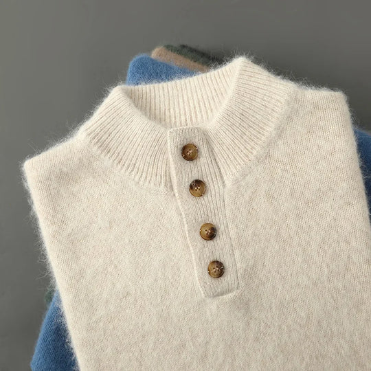 Gebürsteter Woll Pullover Herren Knopfleiste Rippbund
