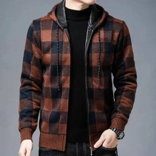 Karierter Zip Hoodie Herren Plüschfutter Kapuze Warm