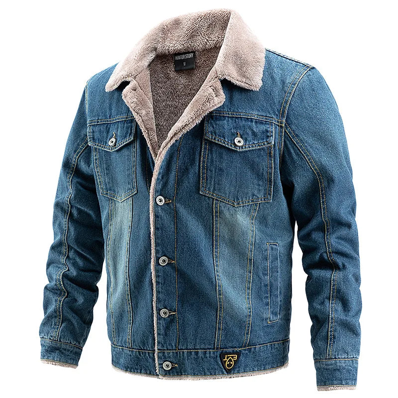 Denim Jacke Herren Fleecekragen Gefüttert Knopfleiste