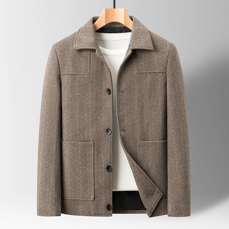 Fischgrat Jacke Herren Wolle Knopfleiste Zwei Taschen