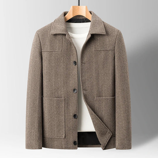 Fischgrat Jacke Herren Wolle Knopfleiste Zwei Taschen