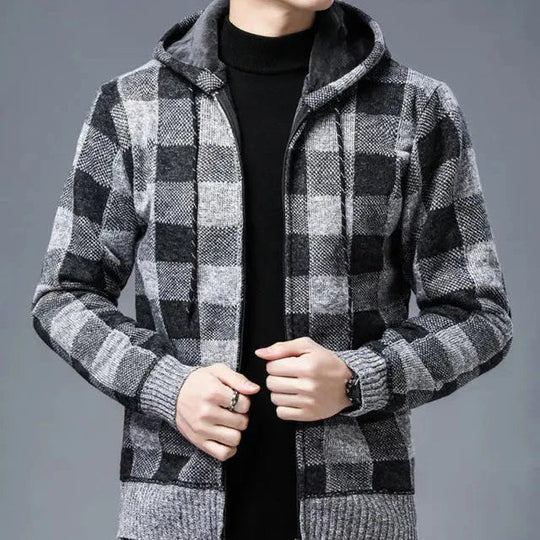 Karierter Zip Hoodie Herren Plüschfutter Kapuze Warm