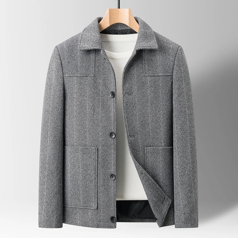 Fischgrat Jacke Herren Wolle Knopfleiste Zwei Taschen
