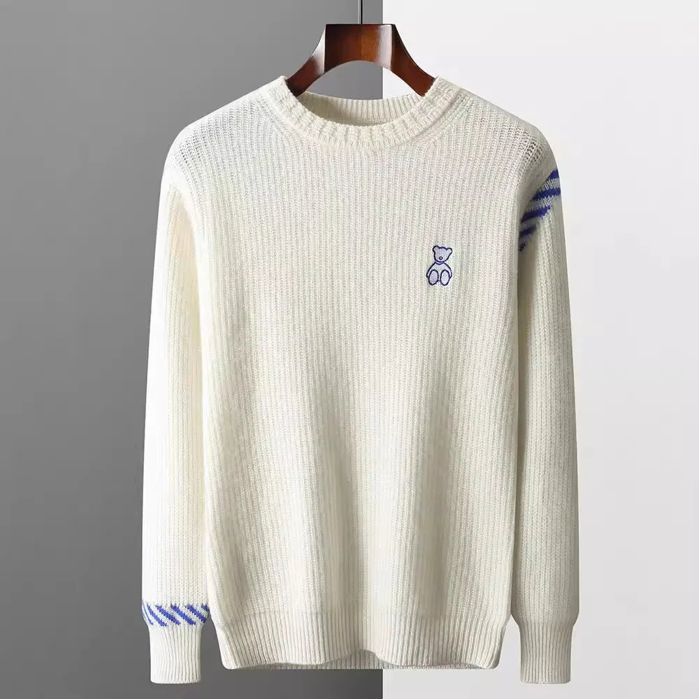 Rippstrick Pullover Herren Stickerei Kontraststreifen