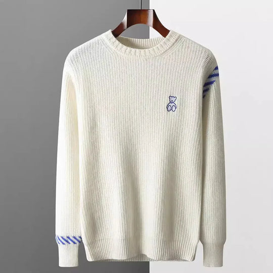 Rippstrick Pullover Herren Stickerei Kontraststreifen
