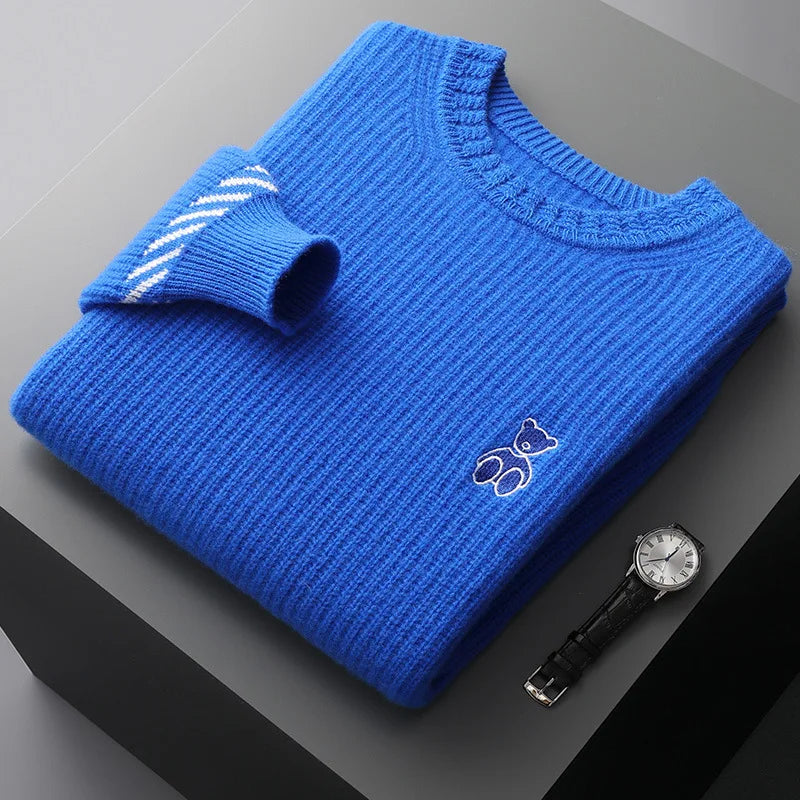 Rippstrick Pullover Herren Stickerei Kontraststreifen