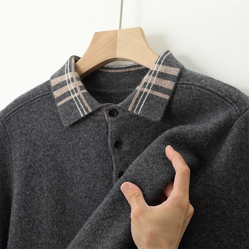 Woll Pullover Herren Gestreifter Kragen Knopfleiste