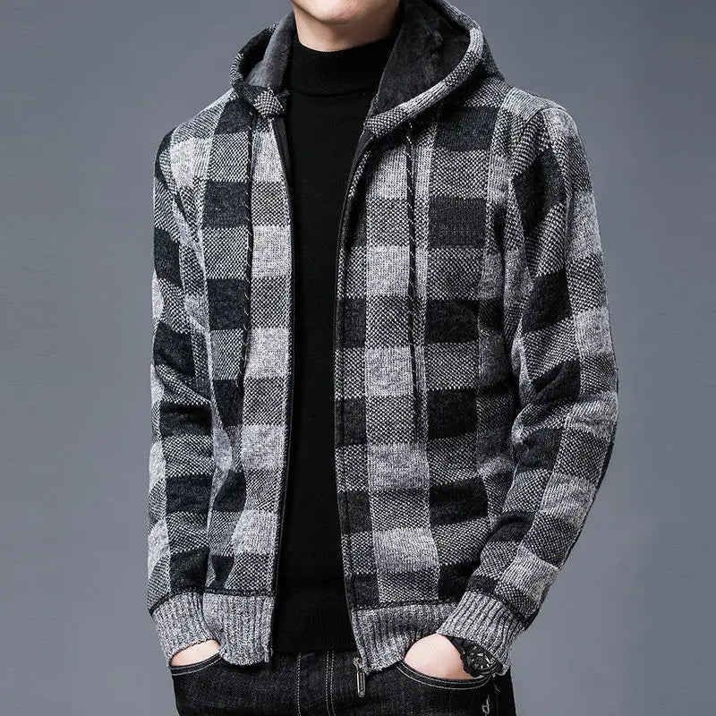 Karierter Zip Hoodie Herren Plüschfutter Kapuze Warm