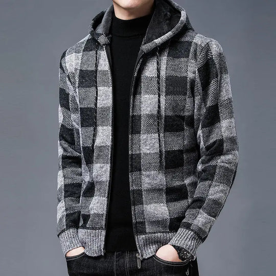 Karierter Zip Hoodie Herren Plüschfutter Kapuze Warm