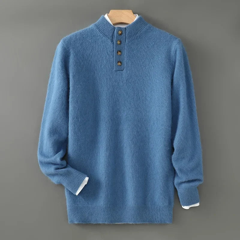 Gebürsteter Woll Pullover Herren Knopfleiste Rippbund