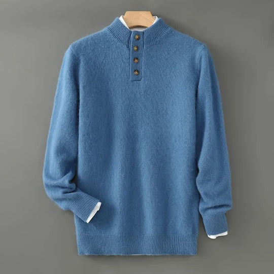 Gebürsteter Woll Pullover Herren Knopfleiste Rippbund