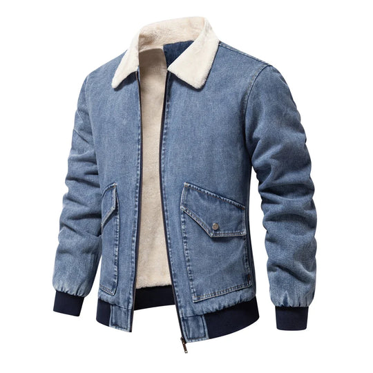 Denim Jacke Herren Fleecefutter Fellkragen Zip Warm
