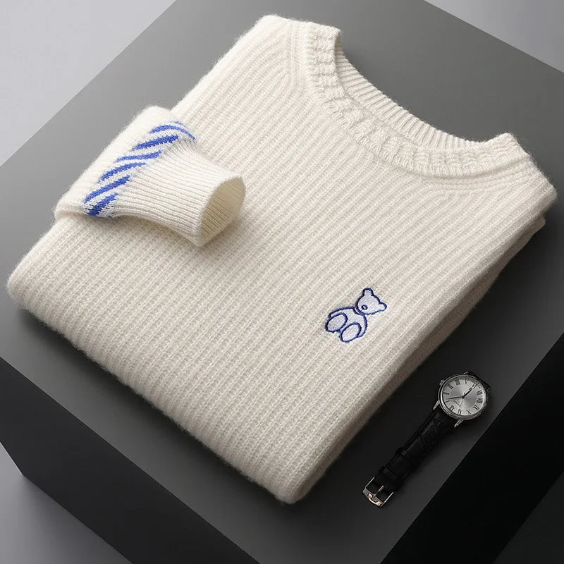 Rippstrick Pullover Herren Stickerei Kontraststreifen