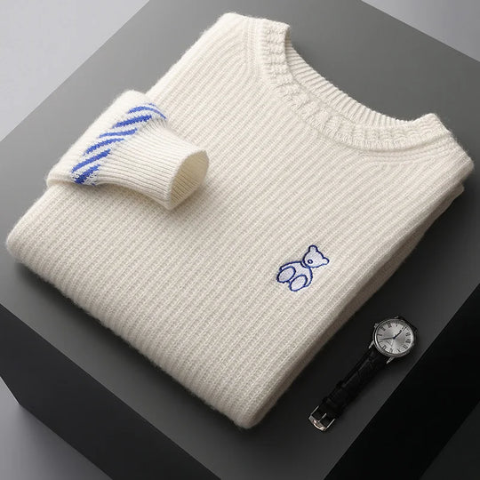 Rippstrick Pullover Herren Stickerei Kontraststreifen