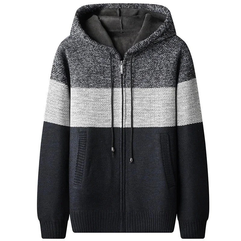 Woll Hoodie Herren Gestreift Fleecefutter Zip Kapuze
