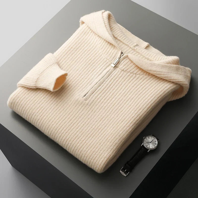 Merinowolle Hoodie Herren Halbzip Strukturstrick Leicht
