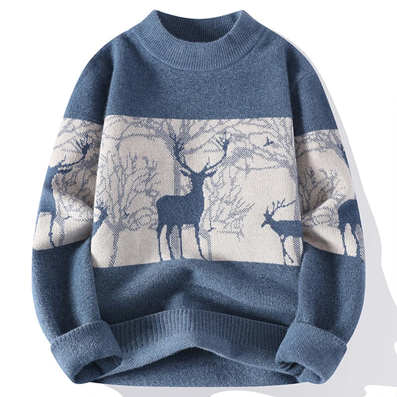Winter Pullover Herren Hirschmotiv Rundhals Rippbund
