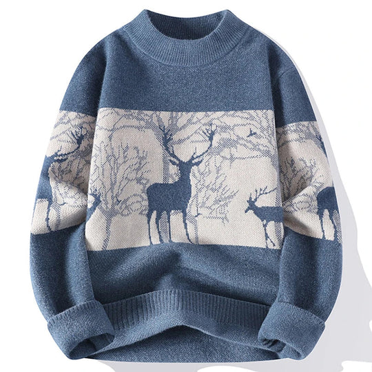Winter Pullover Herren Hirschmotiv Rundhals Rippbund