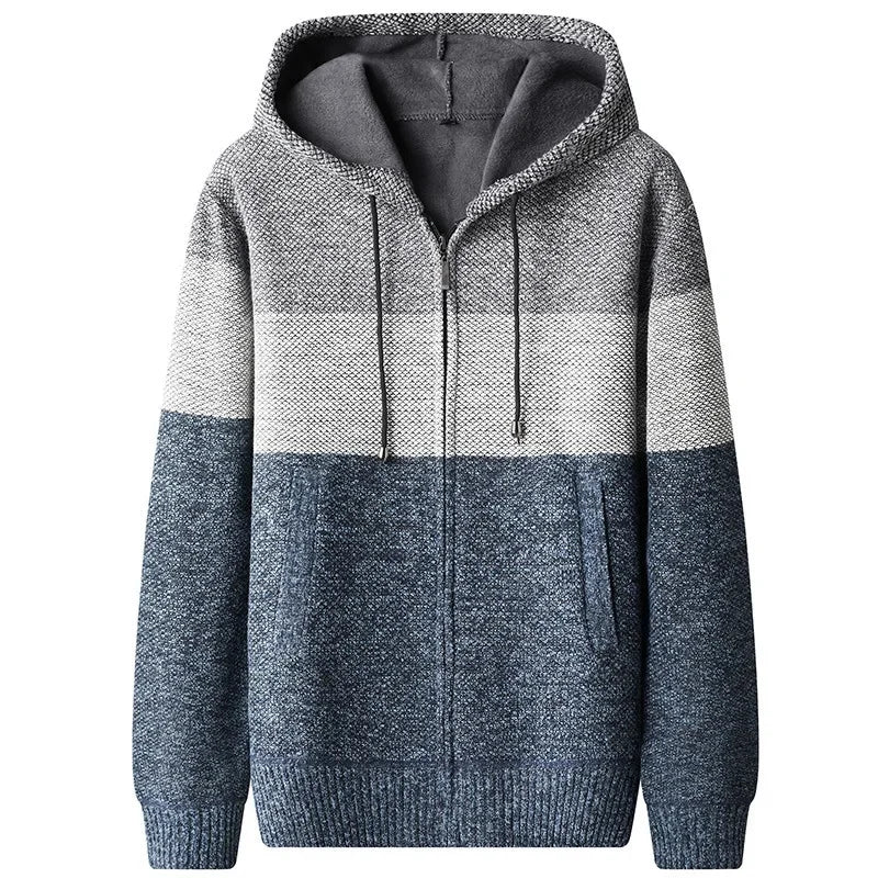 Woll Hoodie Herren Gestreift Fleecefutter Zip Kapuze