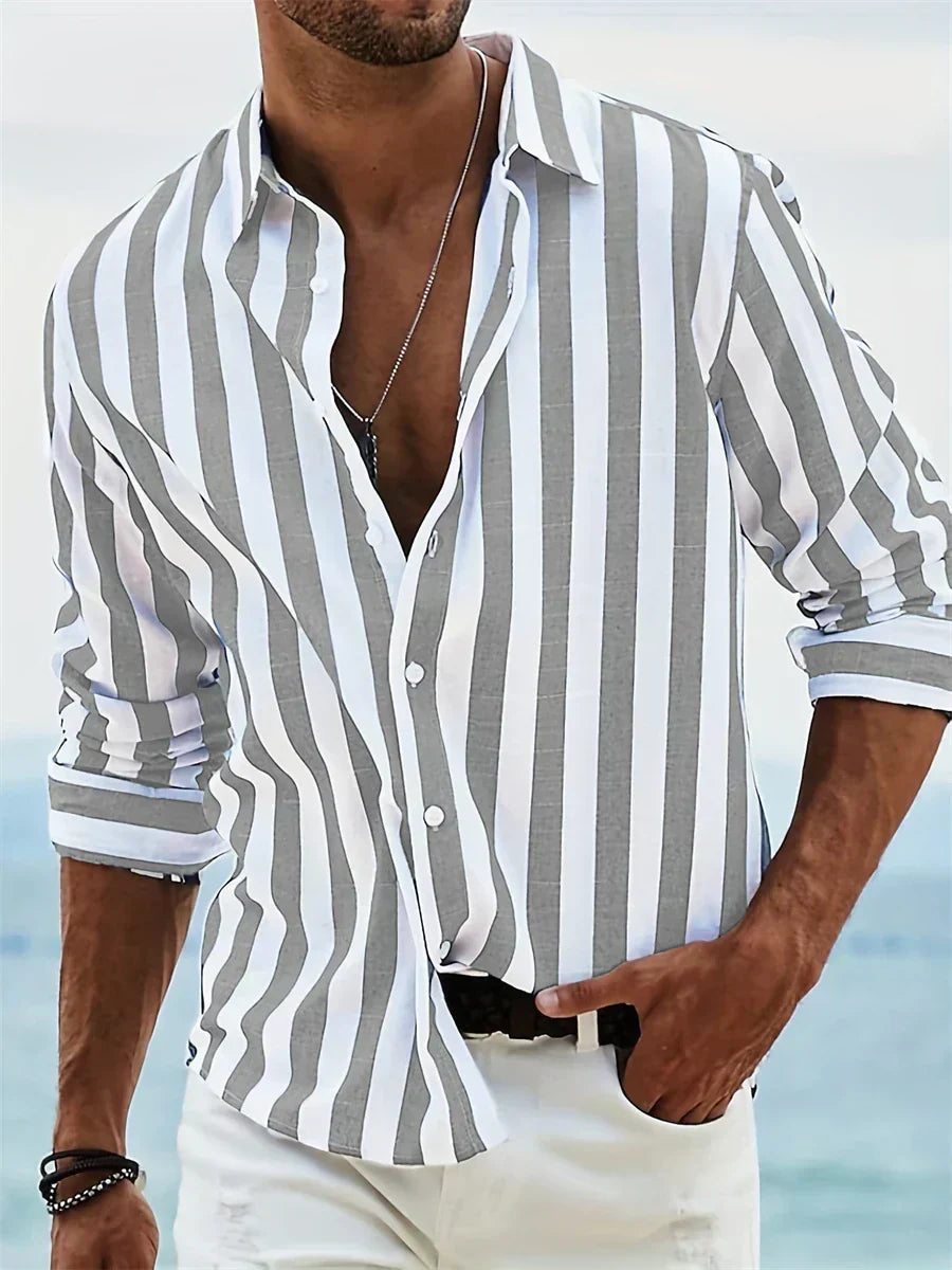 Herren Langarm-Streifenhemd mit Knopfleiste – Leichtes Sommer-Overshirt