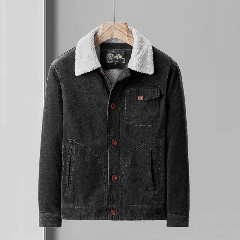 Cord Jacke Herren Sherpa Gefüttert Brusttasche Knöpfe