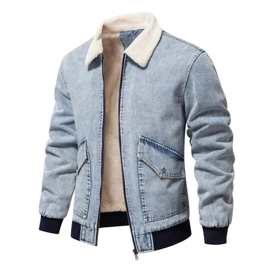 Denim Jacke Herren Fleecefutter Fellkragen Zip Warm