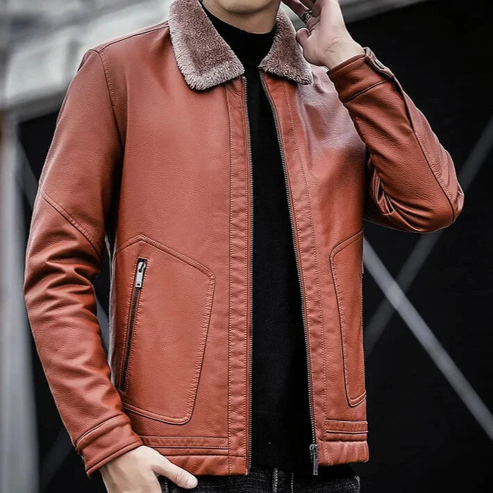 Leder Jacke Herren Fellkragen Zip Geknöpfte Bündchen