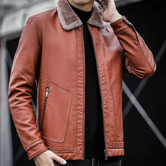 Leder Jacke Herren Fellkragen Zip Geknöpfte Bündchen